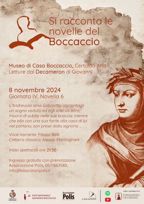 “Si racconta le novelle del Boccaccio”. La lettura pubblica del Decameron in Casa Boccaccio a Certaldo Alta. Secondo appuntamento della stagione con “Andreuola e Gabriotto”