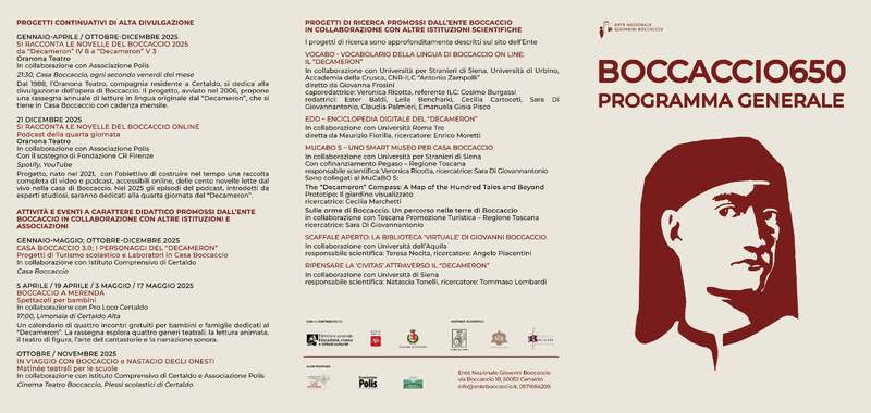 “Boccaccio650”. Le iniziative scientifiche e culturali dell’Ente Nazionale Giovanni Boccaccio per le celebrazioni: edizioni di scritti boccacciani, convegni internazionali, ricerche e studi innovativi sul più grande novelliere d’Europa. Ad ottobre “Una drammaturgia per Boccaccio” della Compagnia Lombardi- Tiezzi. Per gli ospiti delle iniziative in omaggio l’Agenda Letteraria di Giovanni Boccaccio 2025. La presidente Frosini: “Siamo tutti coinvolti nell’impegno comune di onorare il centenario”