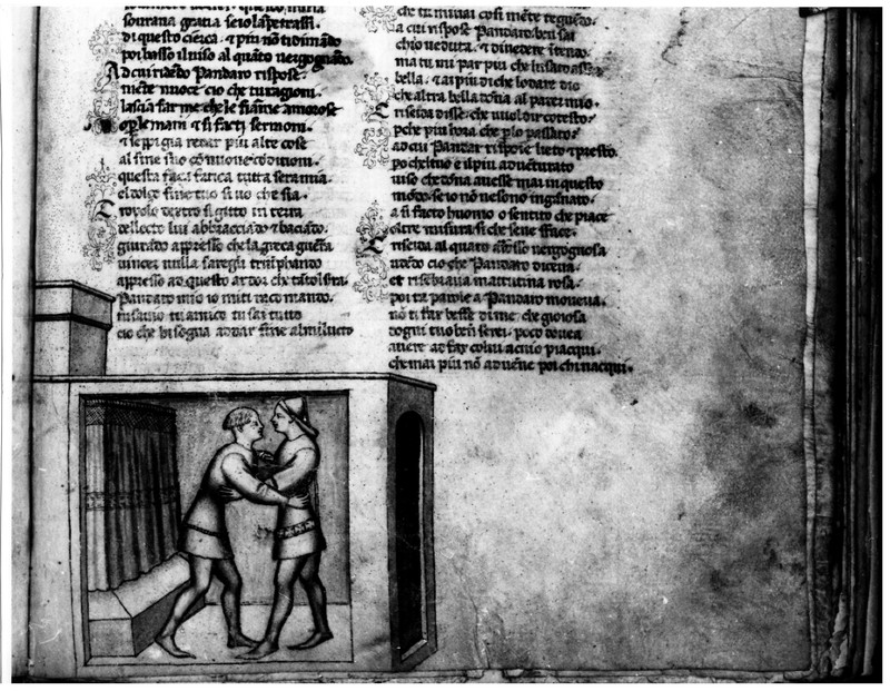 Miniatore padovano (1370-1390), Troiolo e Pandaro si abbracciano prima di separarsi